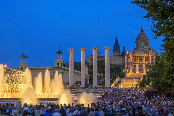 Vue Nuit Célèbre Spectacle Lumière Magic Fountain Barcelone Espagne Avec — Photo