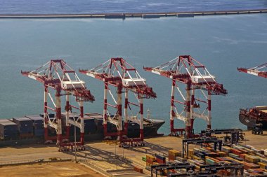 Barselona, İspanya - 26 Temmuz 2019: Konteyner ve kargo gemileri ile ticaret limanında dev liman vinçleri. Havadan görünüm. İş lojistiği konsepti. İthalat ihracat ve iş lojistik