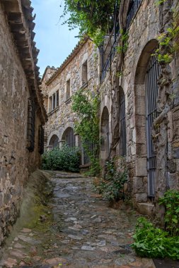 Eski binalar ve yeşil bitkiler ile İspanya'da eski şehir Tossa de Mar dar taş sokak dikey perspektif görünümü. Mavi bulutlu gökyüzü altında yağmurdan sonra ıslak parke taşı