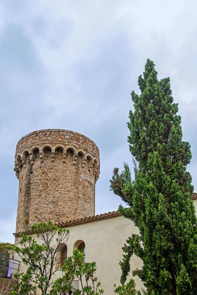 Vila Vela Kalesi Kulesi Tossa Mar Spanya Katalonya Yeşil Ağaç — Stok fotoğraf
