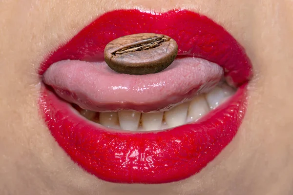 Close Portrait Female Lips Red Makeup Roasted Coffee Seed Tongue — Stockfoto