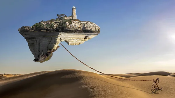 超现实的场景与飞岛与古老的灯塔在沙漠上 用生锈的链和锚固定在沙丘上 概念梦幻般的图像 — 图库照片