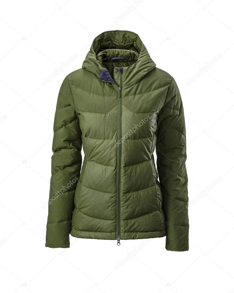 Women's green hooded warm sport puffer jacket isolated over white background. Ghost mannequin photography