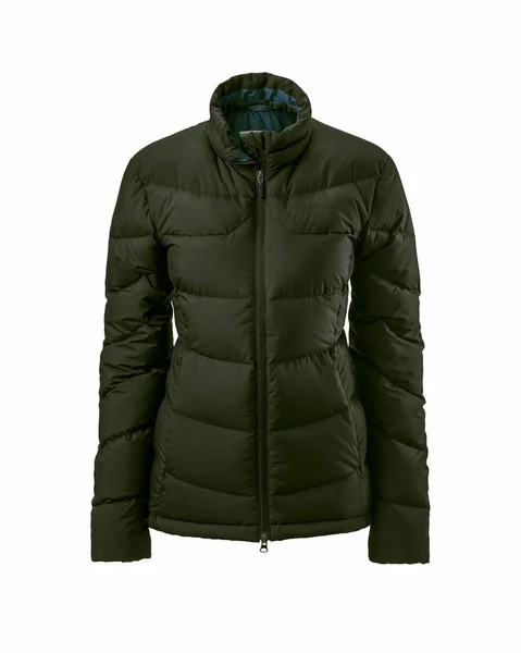 Women Dark Green Warm Sport Puffer Jacket Isolated White Background — ストック写真