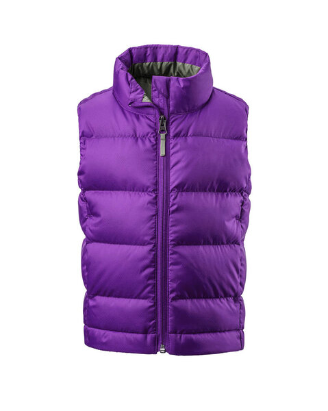 Kids' purple warm sport puffer vest isolated over white background. Ghost mannequin photography