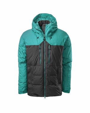 Beyaz arka planda izole edilmiş turkuaz kapüşonlu, sıcak spor kabarık ceketli erkekler. Hayalet manken fotoğrafçılığı