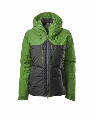 Beyaz arka planda izole edilmiş siyah kapüşonlu, sıcak spor kabarık ceketli kadın yeşili. Hayalet manken fotoğrafçılığı