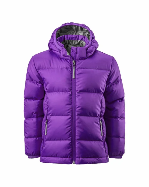 Kids Purple Hooded Warm Sport Puffer Jacket Isolated White Background — ストック写真