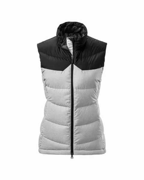 Branco Feminino Com Colete Desporto Quente Preto Puffer Isolado Sobre — Fotografia de Stock