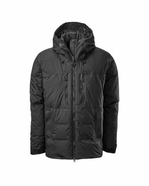 Siyah kapüşonlu ceketi beyaz arka planda izole edilmiş. Hayalet manken fotoğrafçılığı