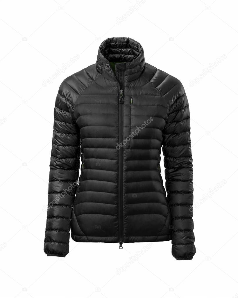 Women's black warm sport puffer jacket isolated over white background. Ghost mannequin photography