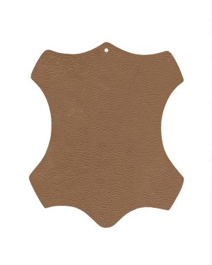 Beyaz arka planda% 100 gerçek deriden yapılmış bej rengi deri tabela. Deri sembol, hayvan derisi. Hakiki ham madde etiketi. Temiz sığır derisi şekli