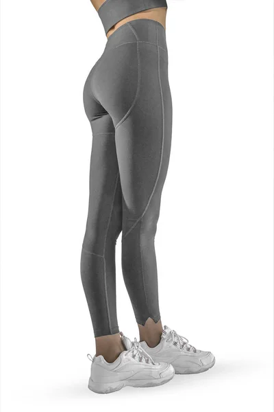 Mooie Slanke Vrouwelijke Benen Grijze Sport Leggings Loopschoenen Geïsoleerd Witte — Stockfoto