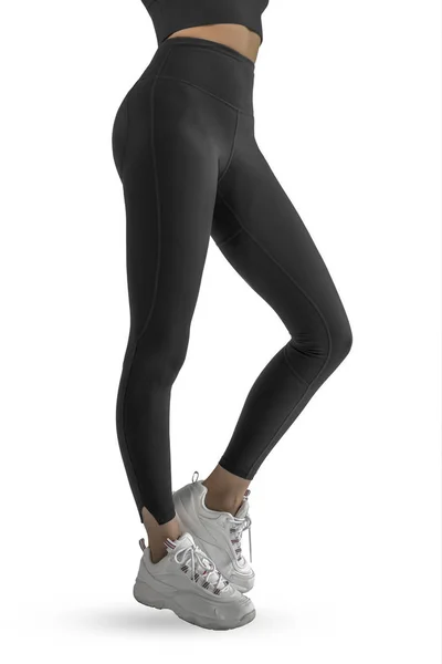 Mooie Slanke Vrouwelijke Benen Zwarte Sport Leggings Hardloopschoenen Geïsoleerd Witte — Stockfoto
