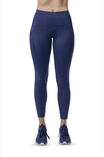 Mooie Slanke Vrouwelijke Benen Blauwe Sport Leggings Hardloopschoenen Geïsoleerd Witte — Stockfoto