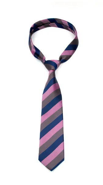Stylish Tied Pink Blue Grey Striped Tie Isolated White Background — Stock Photo, Image