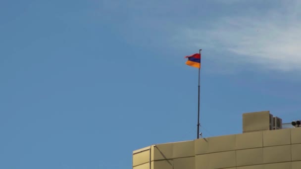 Armenian Flag Waving High Building Roof Blue Sky Sunny Day — Stock Video