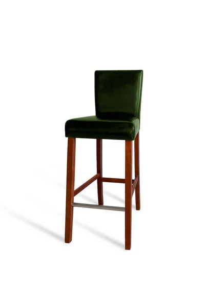 Tall Wooden Leg Bar Chair Dark Green Leather Cushions Isolated — Φωτογραφία Αρχείου
