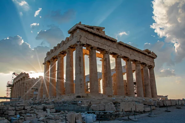 Vista Maestosa Del Partenone Sull Acropoli Atene Grecia Tramonto Con — Foto Stock
