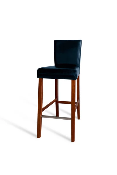 Tall Wooden Leg Bar Chair Navy Blue Leather Cushions Isolated — Stock Photo, Image