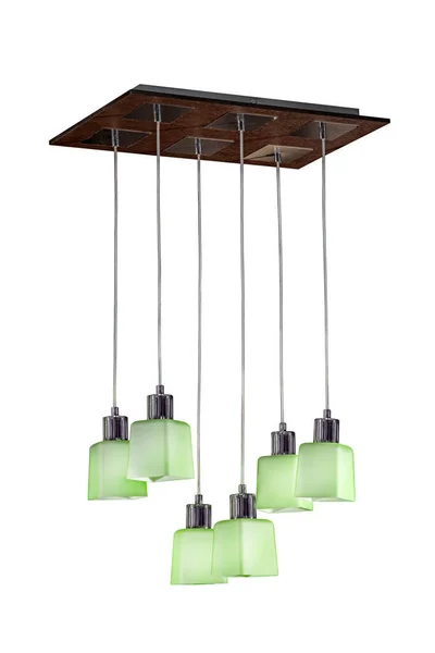 Beau Lustre Avec Plafonds Verre Vert Lime Base Bois Isolé — Photo