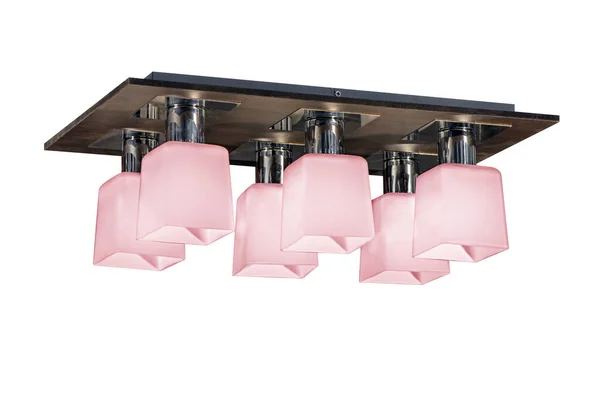 Beau Lustre Avec Six Plafonds Verre Rose Base Bois Isolé — Photo