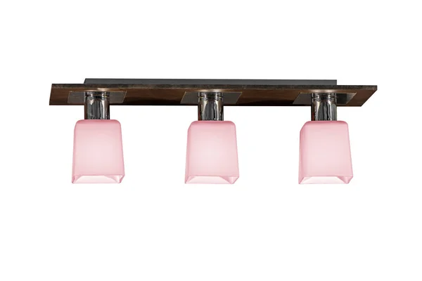 Piękny Żyrandol Trzema Różowymi Plafonami Szklanymi Drewnianą Podstawą Odizolowaną Białym — Zdjęcie stockowe
