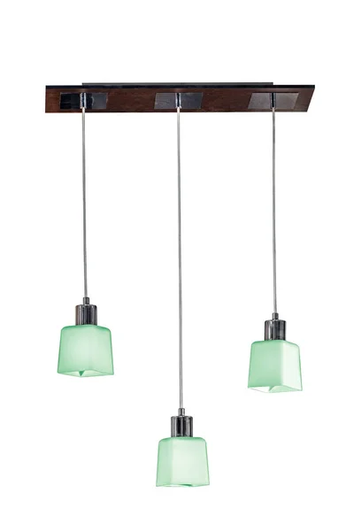 Bellissimo Lampadario Con Tre Plafoni Vetro Verde Lime Base Legno — Foto Stock