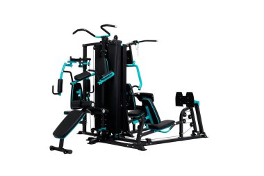 Mavi metal spor egzersizi (vücut geliştirici, fitness ekipmanı, antrenör) siyah deri yumuşak detaylar ile kırpma yolu ile beyaz arka planda izole