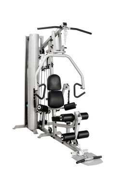 Metal spor egzersizi (vücut geliştirici, fitness ekipmanı, antrenör) ve siyah deri yumuşak detayları kırpma yolu ile beyaz arka planda izole edilmiş