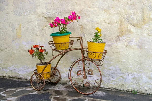 Cavalletto Decorativo Ottone Forma Bicicletta Con Vasi Gialli Fiori Colorati — Foto Stock