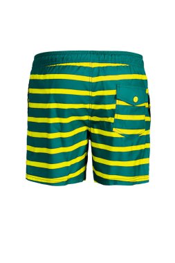 Beyaz arka planda izole edilmiş sarı çizgili yüzme şortlu erkek turkuazı. Arkadan bak. Hayalet manken fotoğrafçılığı