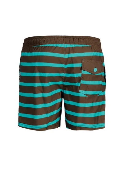 Men Brown Turquoise Striped Swimming Trunks Isolated White Background Back — Stock Photo, Image