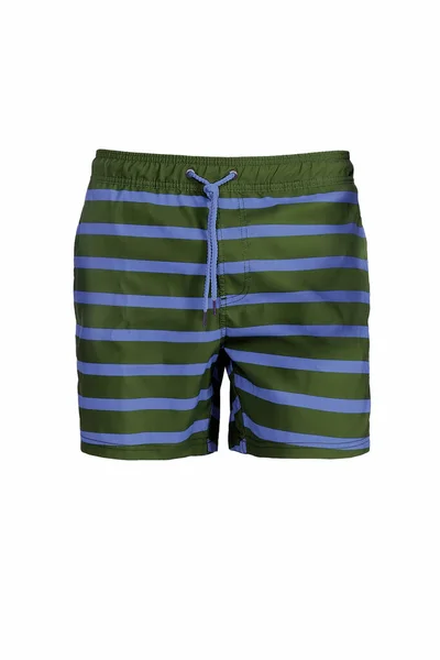 Men Blue Green Striped Swimming Trunks Isolated White Background Front — Stock Photo, Image