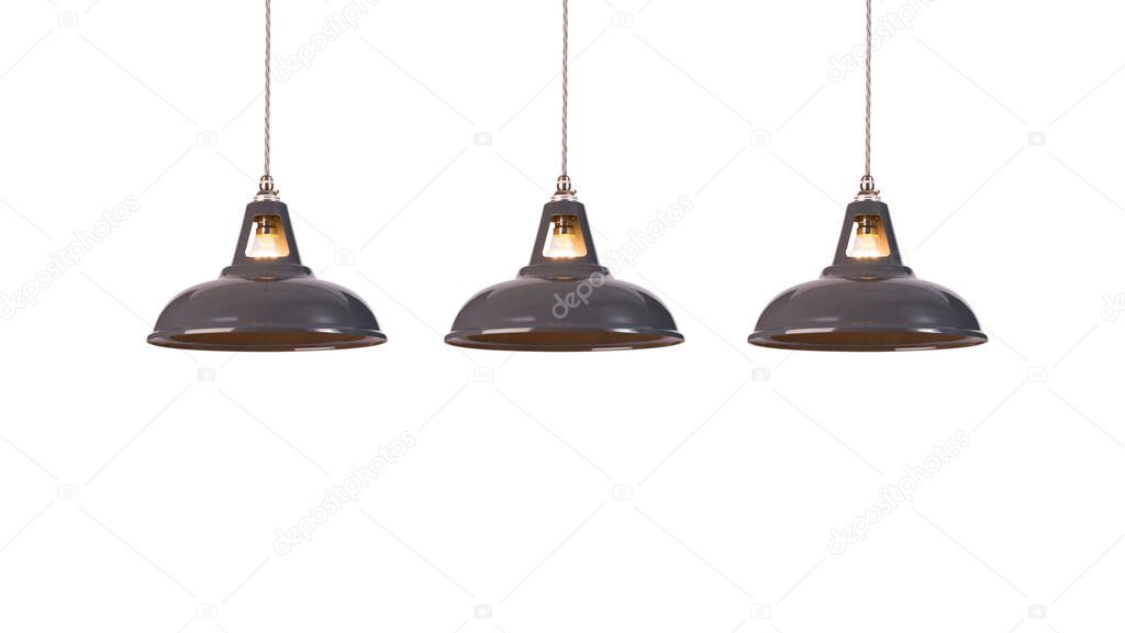 Three enameled gray metal hanging chandeliers or home ceiling lamps, studio lights, fluorescent bulbs isolated on white background