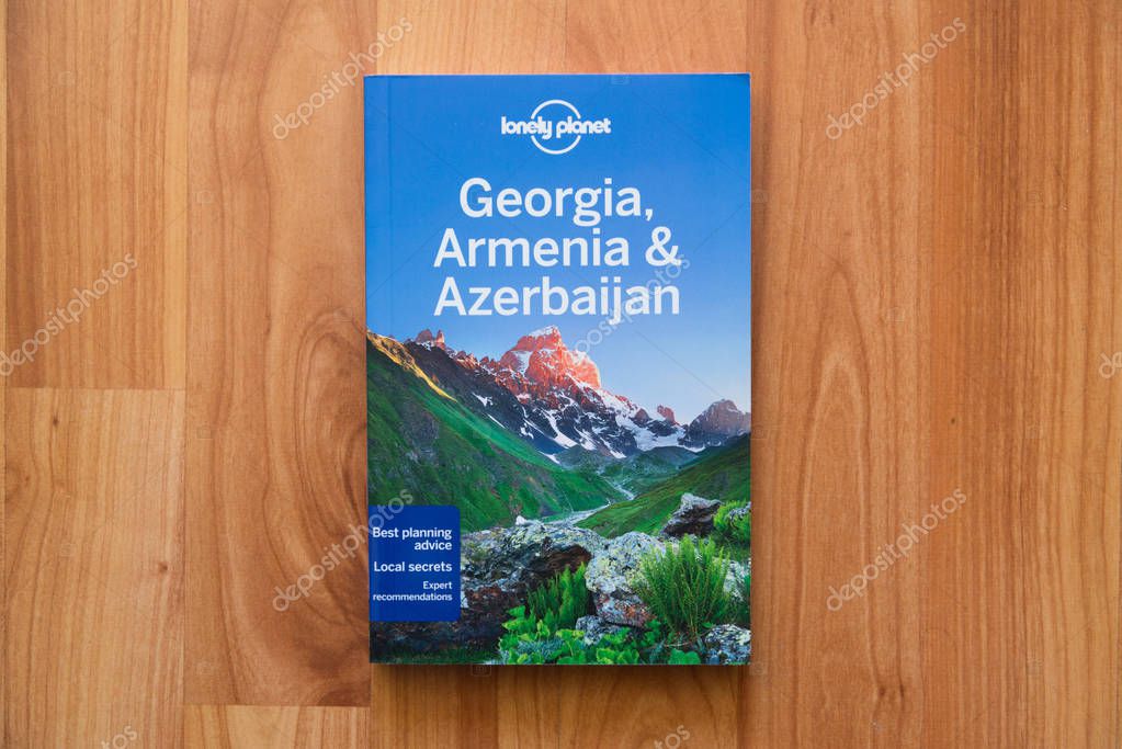 Nitra, Slovakia, june 4, 2018: Lonely planet Georgia, Armenia and Azerbaijan travel guide book. Lonely Planet is the largest travel guide book publisher in the world.