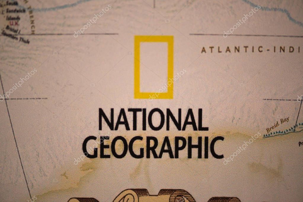 Bratislava, Slovakia, July 3, 2018: National Geographic logo on world map