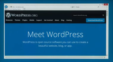 Bratislava, Slovakya, 6 Temmuz 2018: Wordpress web sayfasında dizüstü bilgisayar monitörü