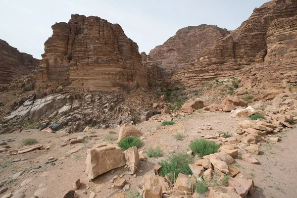 Panoramautsikt Över Naturliga Klippor Öknen Wadi Rum Jordanien — Stockfoto