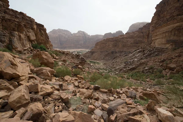 stock image Panoramic view of natural rocks in desert, Wadi Rum, Jordan