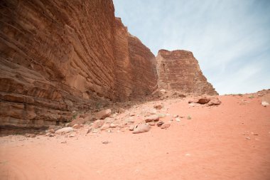 Çöldeki doğal kayaların panoramik görünümü, Wadi Rum, Ürdün