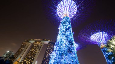 Singapur - 20 Ocak: Singapur'da 20 Ocak 2015 tarihinde Gardens at The Bay Supertree Grove'un gece manzarası. Marina Rezervuarı'nın bitişiğinde, Singapur'un merkezinde 101 hektarlık geri kazanılmış araziye yayılan