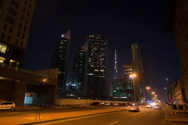 Dubaj Centrum Sceny Nocnej Światłami Miasta — Zdjęcie stockowe