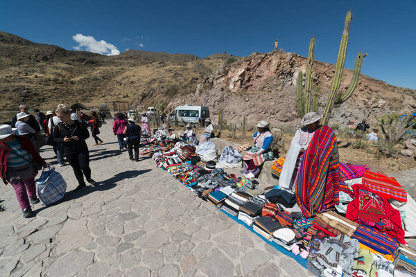 Colca Canyon, Peru, circa september 2017: Sellers selling souvenirs in Colca Canyon (Canon del Colca), Peru