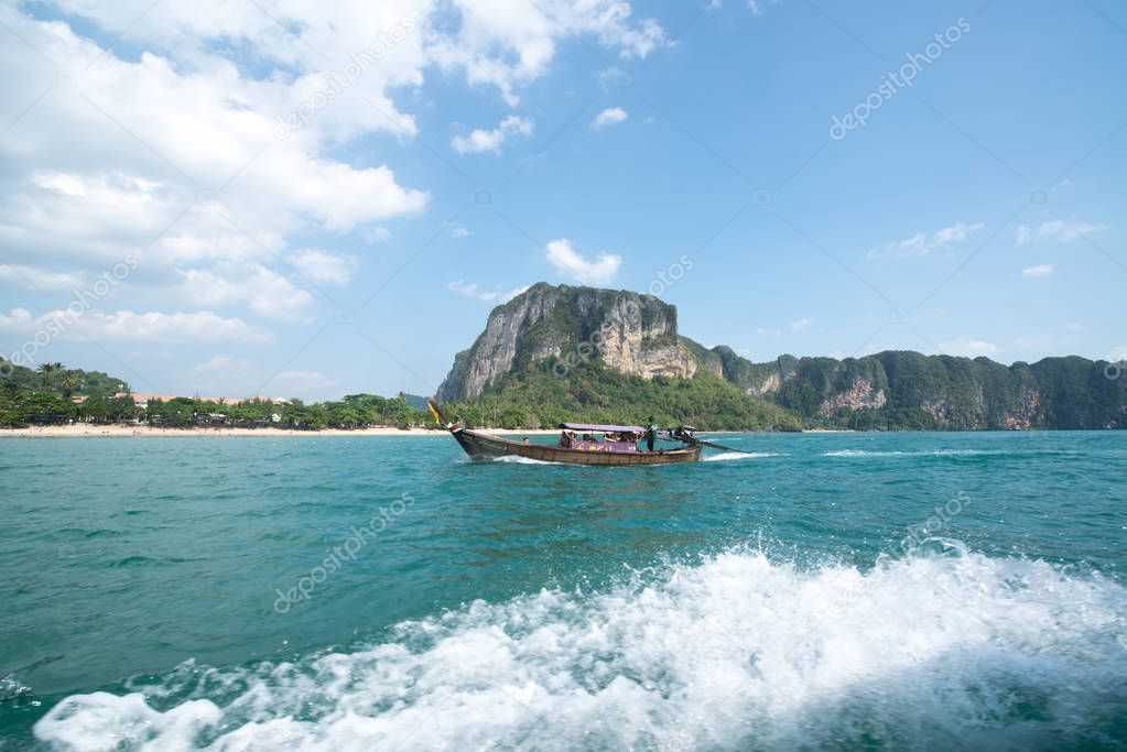 Beautiful Railay beach with boats in Krabi Thailand 
