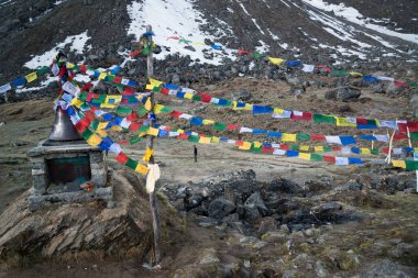 Annapurna, Nepal, Mayıs 2017: Nepal Himalaya 'da insanlar Annapurna Tapınağı' nda yürüyüş yapıyor