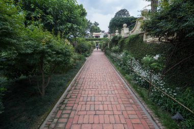 Ağaçları ve binaları olan güzel bir park.