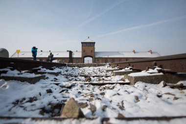 Oswiecim, Polonya-27 Ocak 2014-Auschwitz Birkenau, Brzezinka 'da eski bir Nazi imha kampı, Oswiecim yakınlarındaki Polonya