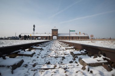 Oswiecim, Polonya-27 Ocak 2014-Auschwitz Birkenau, Brzezinka 'da eski bir Nazi imha kampı, Oswiecim yakınlarındaki Polonya