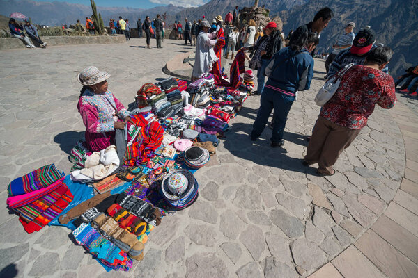 Colca Canyon, Peru, circa september 2017: Sellers selling souvenirs in Colca Canyon (Canon del Colca), Peru